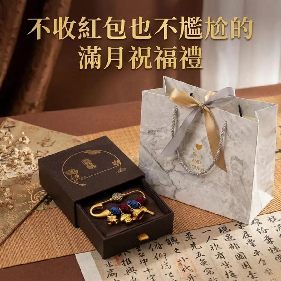 止時吃穿不愁彌月金飾別針,裝在布絨禮盒中,旁邊是大理石紋禮物袋